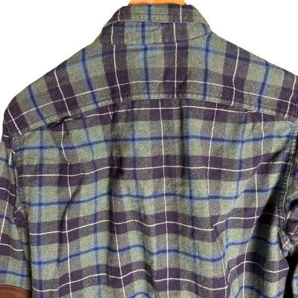 J.Crew Mens Green Blue Plaid Flannel Shirt Wool Blend Suede Elbow Patches M - Picture 6 of 11